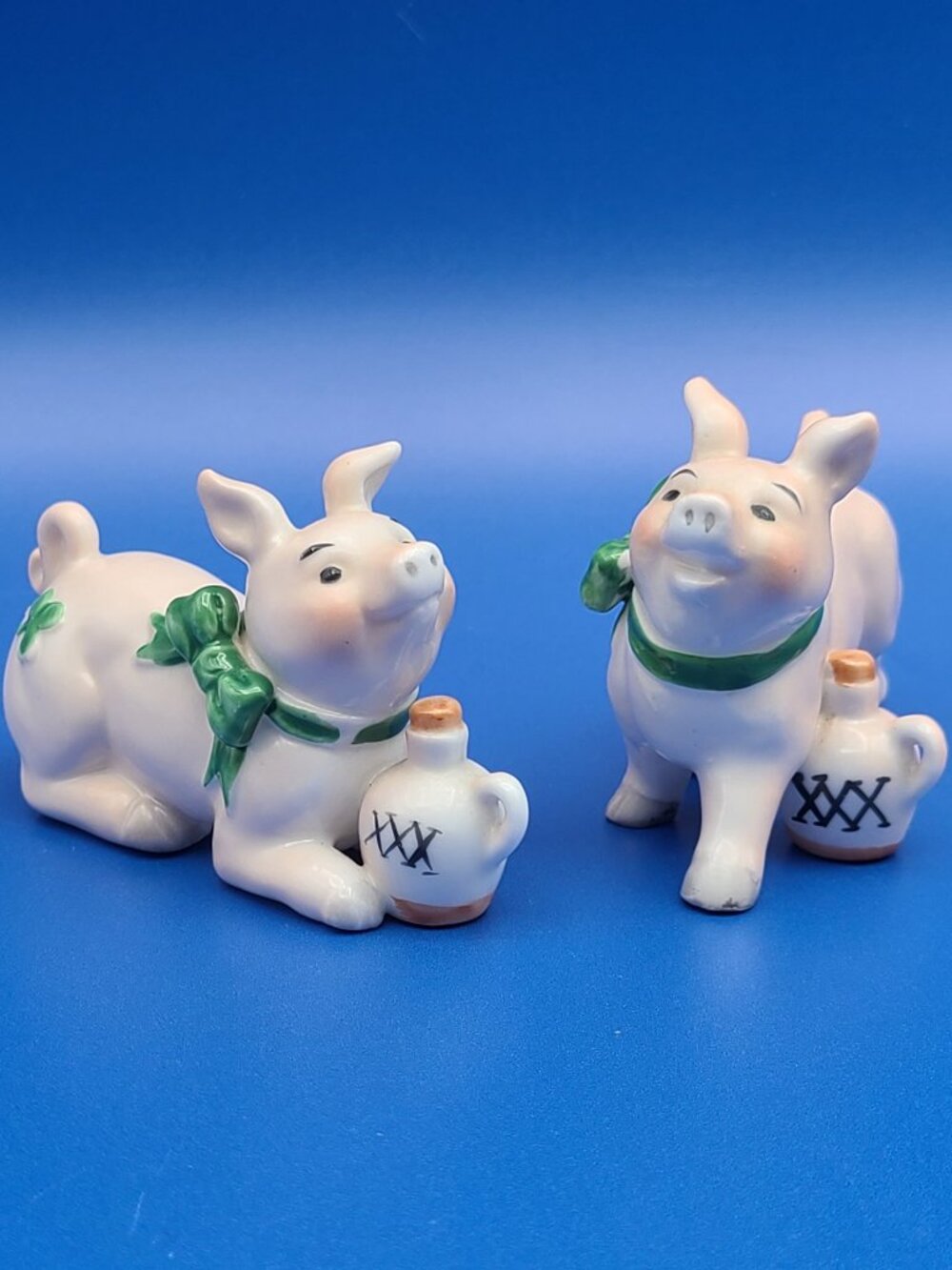 2 Vintage Schmid Tipsy Pig Figurines Moonshine Irish Shamrock